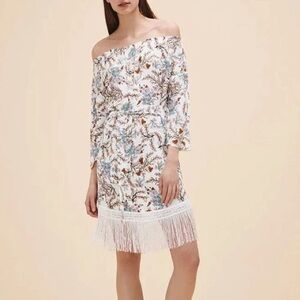 Maje Ridane off the shoulder fringe trimmed floral print dress, off white, sz M